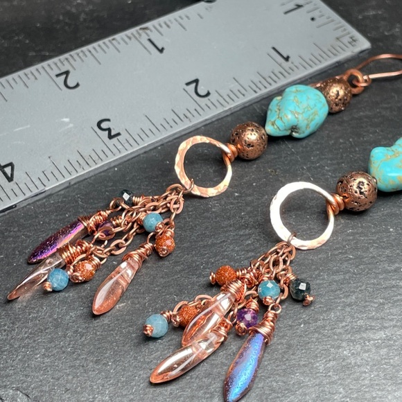 Artisan Turquoise Hand Wired Copper Fringe Dangle Earrings - Picture 12 of 14
